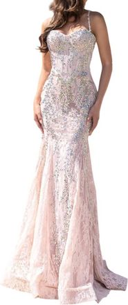 Portia & Scarlett Lace And Crystal Mermaid Gown In Cinder Pink Ab