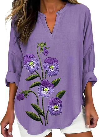 Generic Womens Alzheimers Awareness Shirts Linen 3/4 Sleeve T Shirt Purple Floral Graphic T Shirt Casual Loose Summer Tops, White, XXL