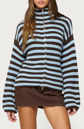 Edikted Stripe Mock Neck Zip Sweater in Brown at Nordstrom, Size X-Small