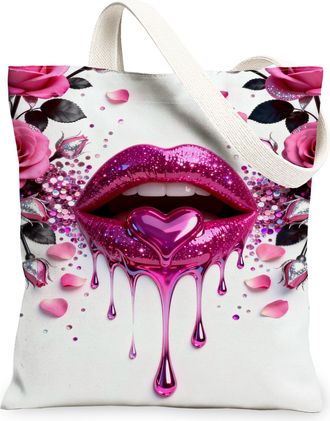 Generic Funky Floral Canvas Tote Bags, Elegant Lip Print Design Reusable Grocery Bags, Summer Chic Lightweight Washable Shoulder St, Peach, 13x15 Inch