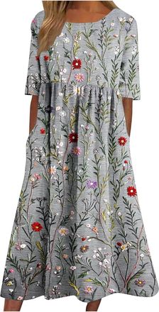 Generic Midi Dresses for Women UK Short Sleeve Crew Neck Long Dresses with Pockets Ladies Summer Casual Loose Fit Beach Holiday Dress Comfy Lounge Swing Flora