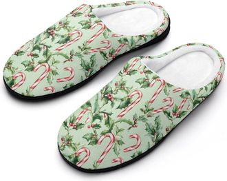 Generic Candy Cane Christmas Pattern Mens Slippers Memory Foam Winter Warm Sandals Slip On House Shoes Size 7-14