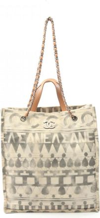 Chanel Beige Brown Canvas Leather Tote Bag (Pre-Owned)