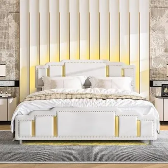 OEM Letto Idraulico, 140 X 200 Cm, Rivestimento In Velluto Beige, Letto Matrimoniale, Testiera E Pediera Con Profili Color Oro, Design Unico