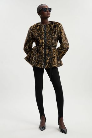 Karen Millen Womens Faux Fur Leopard Collarless Coat - Multicolour - Size 16 UK