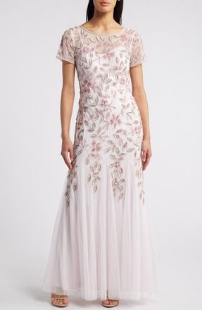 Adrianna Papell Floral Embroidered Beaded Trumpet Gown in Blush Pink at Nordstrom, Size 16