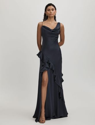 AMUR Womens Dark Grey Ruffle Charmeuse Cowl Neck Maxi Dress, Size: 16