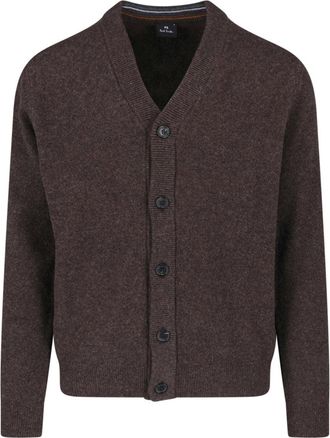 Paul Smith Brown Merino Wool V-Neck Ribbed Cardigan