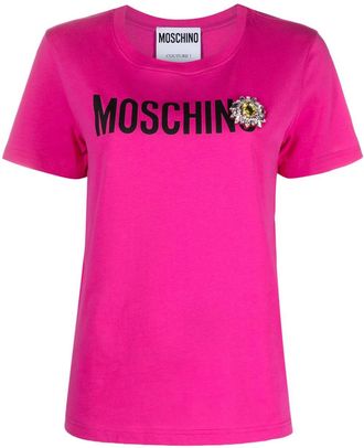 Moschino brooch-detail logo-print T-shirt - women - Cotton - 40 - Pink