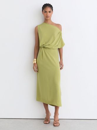 Reiss Green Off-shoulder Tuck-detail Midi Dress, 10
