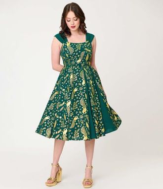 Unique Vintage Square Neck Sleeveless Godet Swing Dress in Green Foiled Peacock at Nordstrom, Size X-Small