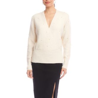 Karen Kane Faux Pearl Embellished Wrap Sweater in Cream at Nordstrom, Size X-Small