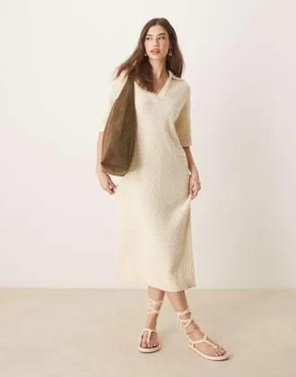Vero Moda knit polo neck short sleeve midi dress in birch cream-White
