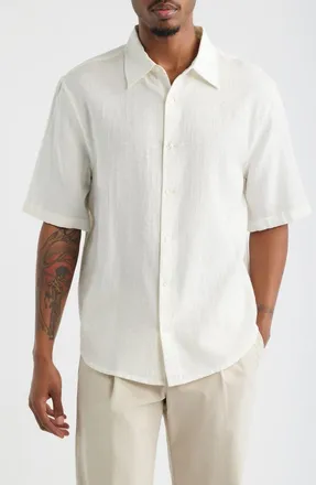 Open Edit Dune Oversize Short Sleeve Jacquard Button-Up Shirt in Ivory Egret at Nordstrom, Size Xx-Large