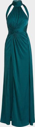 Mac Duggal Petite Halter Open-Back Gown w/Slit