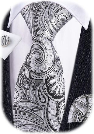 Barry.Wang Mens Tie Set Paisley Silk Pocket Square Cufflinks Necktie Woven Wedding Grey