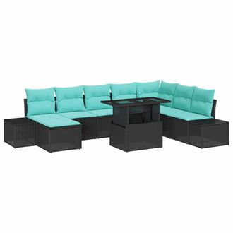vidaXL Conjunto De Sof&aacute; De Jard&iacute;n 9 Uds. Negro Y Azul Rat&aacute;n Sint&eacute;tico Vidaxl