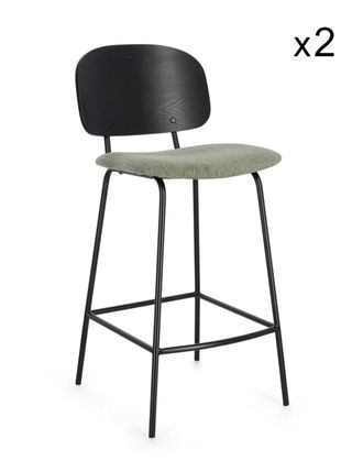 Konte Design Lote de 2 taburetes de tela verde y madera de &aacute;lamo negra