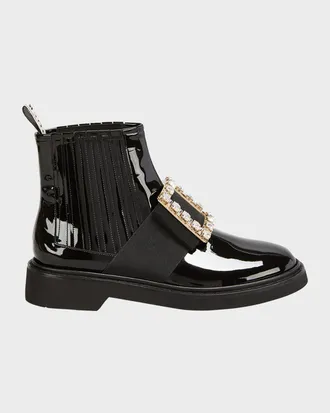 Roger Vivier Viv & apos; Rangers Patent Chelsea Booties with Crystal Buckle