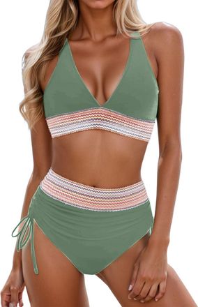 Generic Bikini Set for Women UK, Womens High Waisted Bathing Suit, 2 Piece Tummy Control Swimwear Top Bottoms, Adjustable Straps Swimming Costume Green