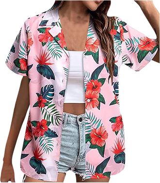 Generic Hawaiian Shirts for Women Summer Beach Shirt Trendy Tropical Floral Print Tshirts Casual Button Down Short Sleeve Blouses Plus Size Tees Fashion Outfi