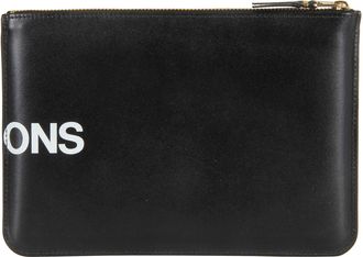 Comme Des Gar&ccedil;ons Black Huge Logo Print Zip Leather Clutch
