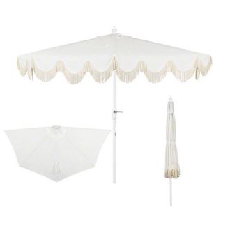 Jonathan Y Designs Beverly 9 ft. Designer Classic Scalloped Fringe Half Market Patio Umbrella with Crank, Push Button Tilt and UV Protection in Cream/white