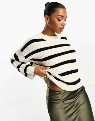 Jacqueline de Yong knitted crew neck stripe sweater in black & cream