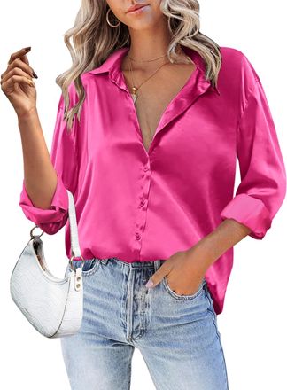 Zeagoo Womens Blouse Satin Silk Shirts Button Down Shirts Casual Loose Long Sleeve Office Work Tunic Tops Rosy Red XL