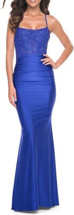 La Femme Ruched Jersey Dress with Illusion Corset Lace Top in Royal Blue at Nordstrom, Size 12
