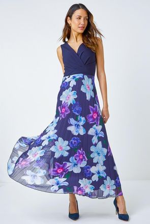 Roman Floral Print Pleated Chiffon Wrap Maxi Dress