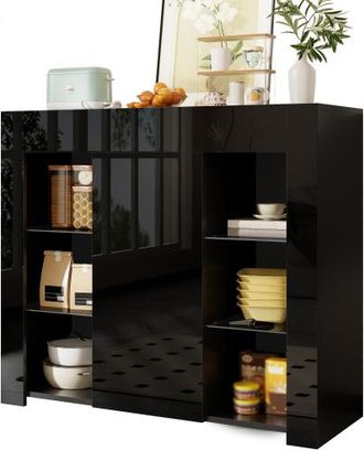 OEM Credenza Moderna Nera Con Frontale Lucido - Soluzione Compatta Ed Elegante Con Ripiani In Vetro E Anta Per Soggiorno, Sala Da Pranzo O Cucina - 95x35x