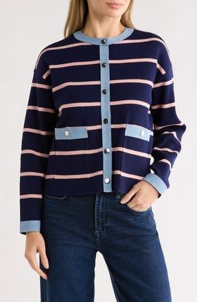 Nanette Lepore Denim Trim Stripe Ribbed Cardigan in Nanette Navy Pink/Light Denim at Nordstrom Rack, Size X-Large