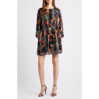 Ciebon Odette Floral Metallic Long Sleeve Belted Dress in Black at Nordstrom, Size X-Small
