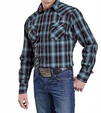 Roper West Made Snap Dobby Plaid Western Shirt In Blue