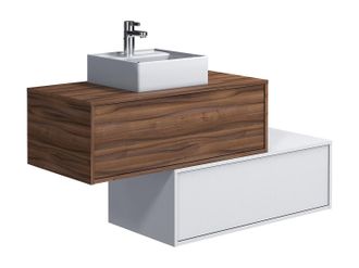 Vente-Unique Mueble de ba&ntilde;o flotante en color natural oscuro y blanco con lavabo individual y dos cajones - 94 cm - TEANA II