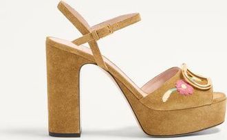 Valentino Garavani VLogo Signature Platform Sandal In Split Leather With Floral Embroidery 115 Mm Wo