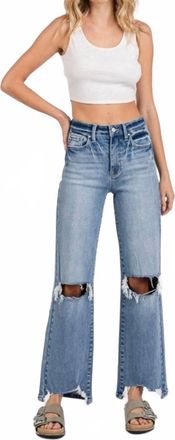 Petra High Rise Stretch Slim Wide Leg With Destroyed Hem Jean In Blue
