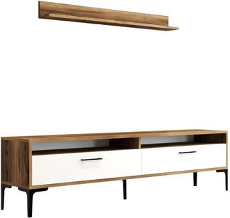 Dmora Dmora - Pared Equipada Dkatseri, Composici&oacute;n De La Sala De Estar, Muebles De Sal&oacute;n Multiusos, Gabinete De Tv, 180x35h47 Cm, Nogal Y Blanco