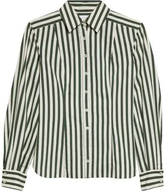 Carolina Herrera Isabella Stripe Cotton Blend Button-Up Shirt in Ivory/racing Green at Nordstrom, Size 12