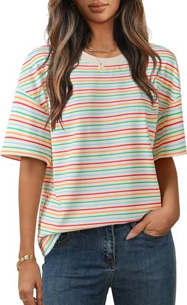 Merokeety Womens Summer Short Sleeve Shirt Casual Colourful Striped Crewneck Loose Tops Blouse, White, L
