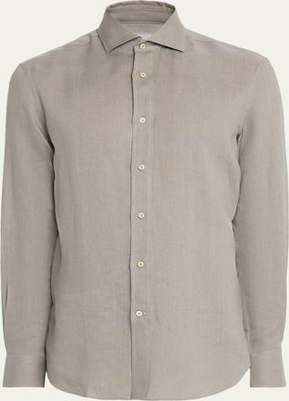 Brunello Cucinelli Mens Linen and Cotton Band Collar Button-Down Shirt