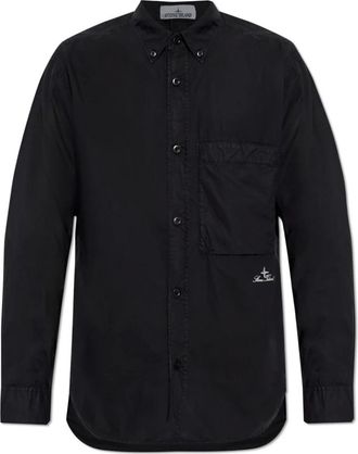 Stone Island Shirt met Geborduurd Logo - Heren - Casual Overhemden - Zwart - S - Katoen - Overhemden