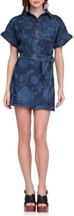 Avec Les Filles Floral Print Belted Denim Minidress in Parrot Fan Laser Pr at Nordstrom, Size 12