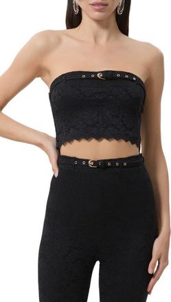 AFRM Remy Strapless Lace Crop Top in Noir at Nordstrom, Size X-Large