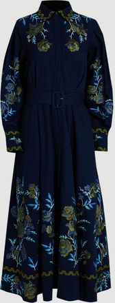 Karen Millen Womens Rose Embroidered Cotton Twill Woven Shirt Dress With Eyelets - Navy - Size 14 UK
