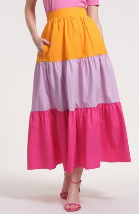 Isaac Mizrahi New York Tiered Stripe Cotton Midi Skirt in Purple Multi at Nordstrom, Size X-Small