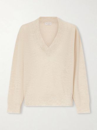 Brunello Cucinelli Pullover In Maglia Metallizzata - Crema