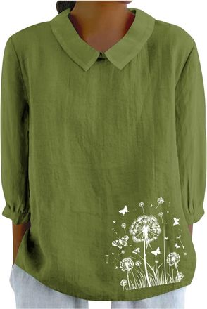Generic Linen Shirts for Women UK Summer Lightweight 3/4 Sleeve Tshirts Cute Collared Tops Boho Casual Blouses
