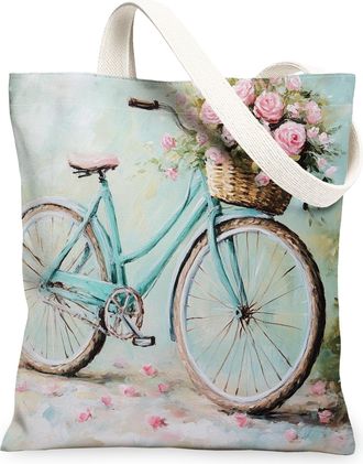 Generic Floral Bike Canvas Tote Bags, Vintage Flower Design Reusable Grocery Bags, Lightweight Washable Shoulder Strap Canvas for Gym Outdoor Travel Beach Pic